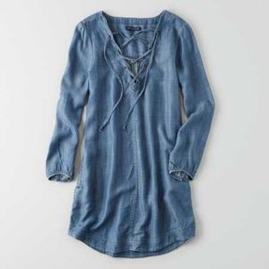 AEO Lace-Up Denim Dress in Blue